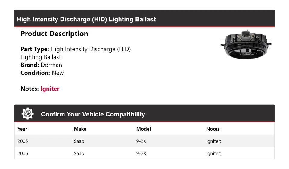 Balastro de iluminación de alta intensidad (HID) para Saab 9-2X Dorman 2005-2006 Foto 2 de 4