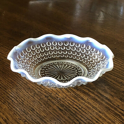 40s A.H. Milk Glass Crimped Edge Opalescent Hobnail Bowl Pristine Vintage Gift