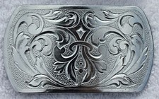 Vintage Western Pin Style Belt Buckle Ornate Pattern in Silver Tone Metal