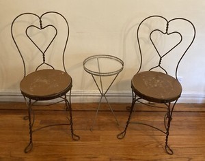 Vintage Ice Cream Parlor Wrought Iron Chairs and Alum Side Table