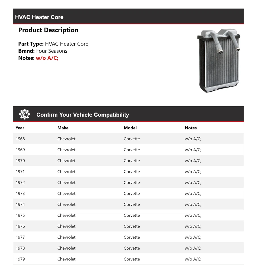 Для 1968-1979 Chevrolet Corvette HVAC обогреватель сердечник 4 сезона 1969 1970 1971 1972 - Изображение 2 из 4