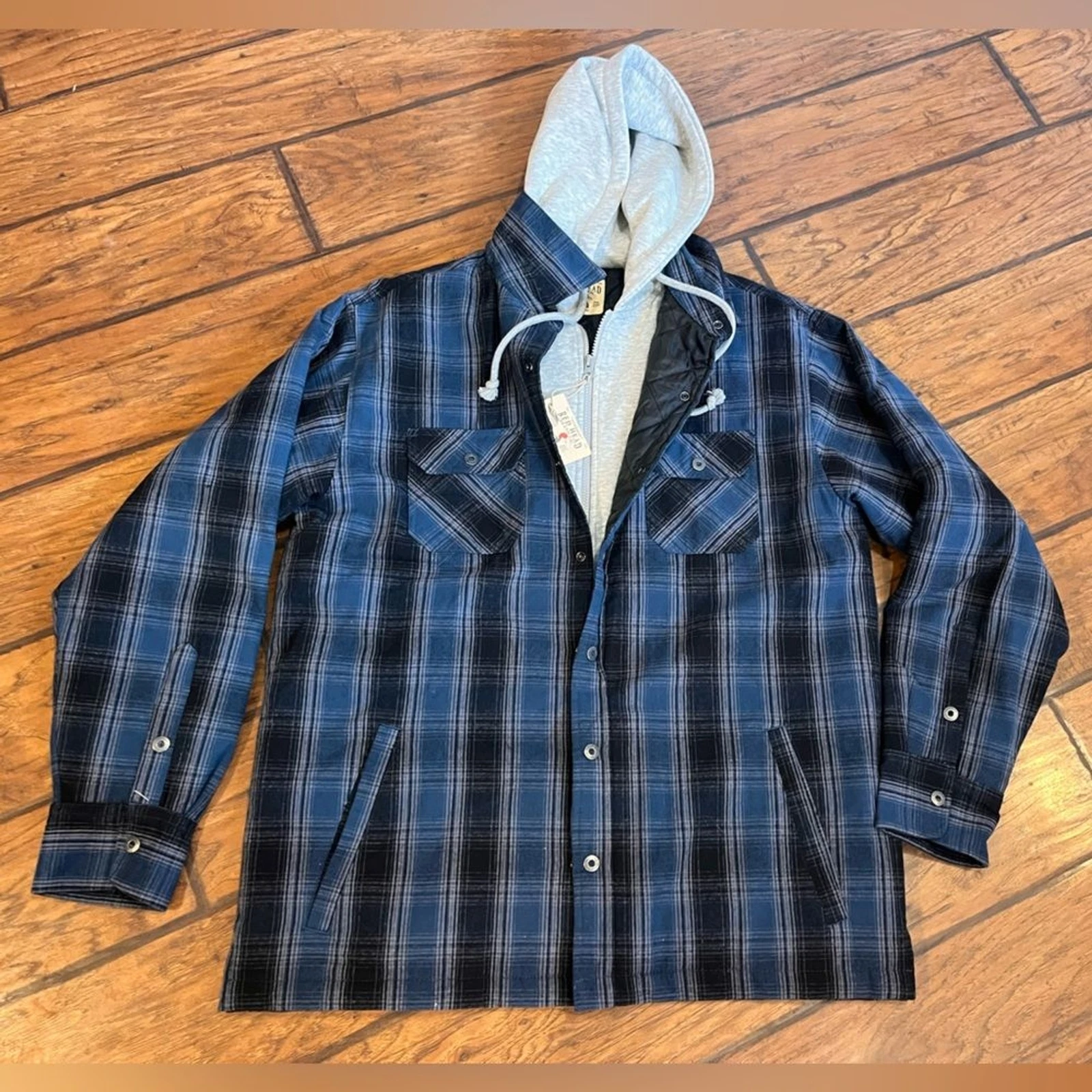 Red Head Insulated jacket mens L blue black plaid hooded quilted lined full zip