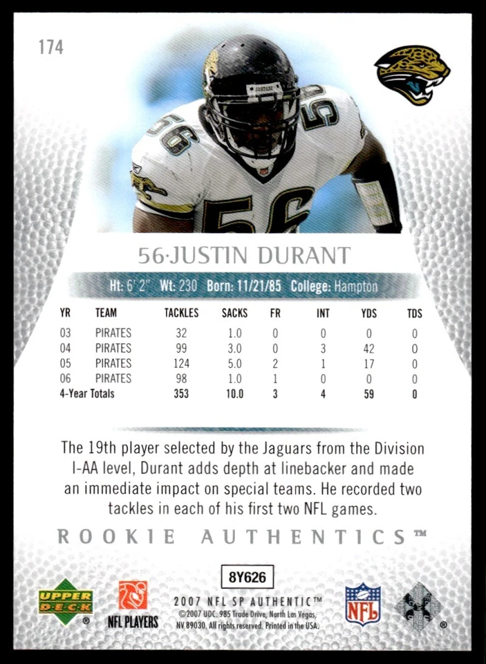 2007 SP Authentic Justin Durant Rookie 935/999 Jacksonville Jaguars #174 R63 - Image 2 of 2