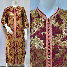 GORGEOUS VTG 70's Moroccan Red  Gold Lurex Jacquard Kaftan Dress- Size M - EUC