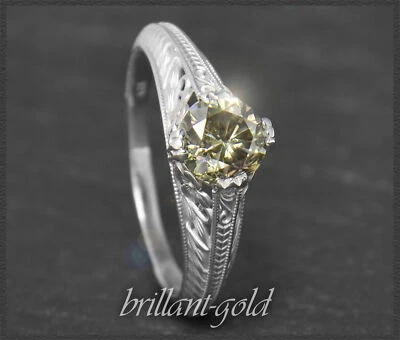 Diamant Antik Jugendstil Design Ring mit 1,02ct Brillant in olivgrün, 585 Gold - Bild 1 von 4