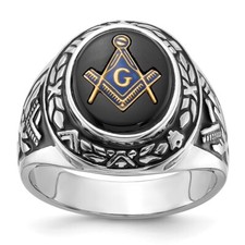 14k White Gold Antiqued and Textured with Oval Onyx Masonic Ring Size 10 for Men