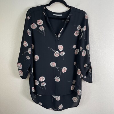 Daniel Rainn Womens Large Black Dandelion Floral Roll Tab Sleeve Blouse Shirt