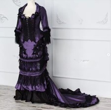 Purple Victorian Wedding Dress with Long Sleeve Lace Applique Rose Flower Bustle