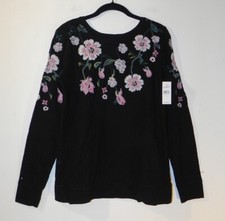 NWT Loft Round Neck Long Sleeve Embroidered Floral Sweater - S, Black