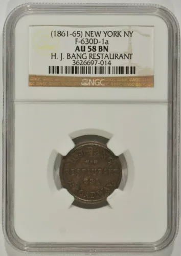 1861-65 H.J. Bang Restaurant Trade Token F-630D-1a NGC AU58BN HJ 3626697-014