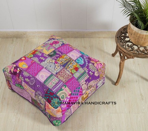 Square Embroidered Cotton Patchwork Vintage Indian Footstool Bohemian Pouf Cover - Picture 6 of 6