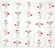 30 Small Stick Figure Heart Stickers/Scrapbooking/Crafts/Journals/Diary/1 inch