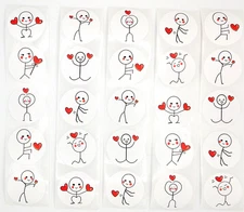 30 Small Stick Figure Heart Stickers/Scrapbooking/Crafts/Journals/Diary/1 inch