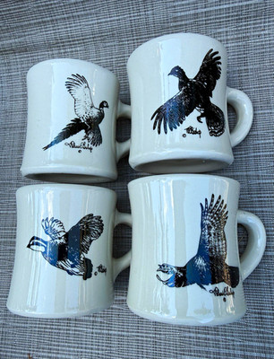 Vintage Richard E. Bishop Game Bird Mugs Set of 4 Diner style 8 oz.