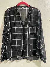 Old Navy Black and White Plaid Women's Blouse-Sheer- Medium