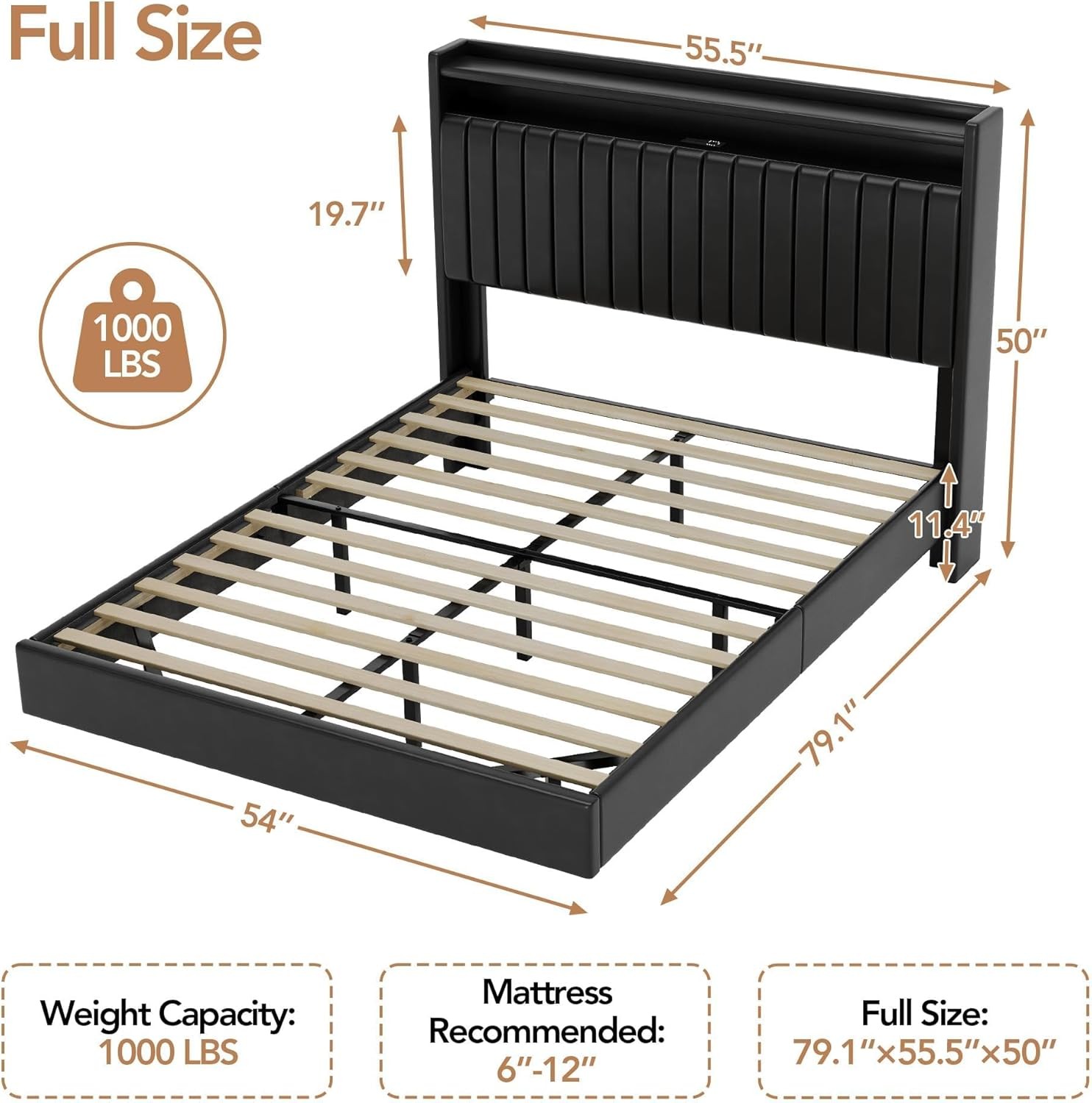 Full Size Floating Bed Frame LED Light Upholstered Platform Headboard Storage