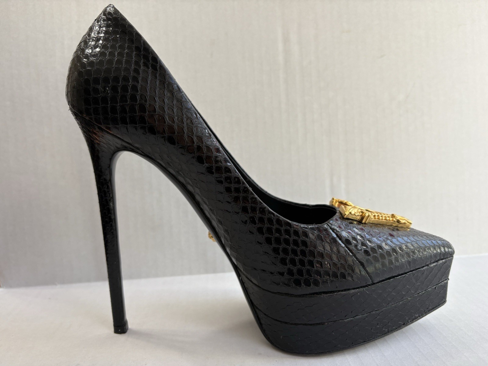 Versace Black Python Snakeskin Playform High Heel… - image 14
