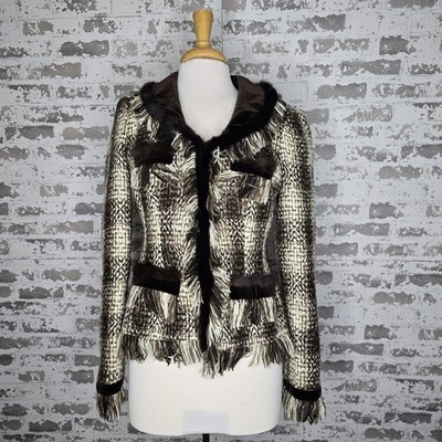 Cache Blazer Womens Size 10 Brown Knit Fur Trim Shawl Collar Cropped VTG Y2K