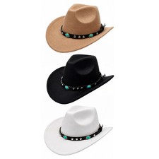 Women's Classic Western Felt Cowboy Hat Vintage Turquoise Leather Band Wide Brim