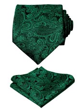 Mens Paisley Necktie with Pocket Square Set 2-174-dark Green