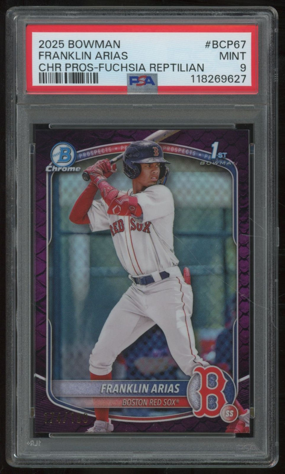 FRANKLIN ARIAS 2025 BOWMAN CHROME #BCP-67 FUCHSIA REPTILIAN REFRACTOR /199 PSA 9