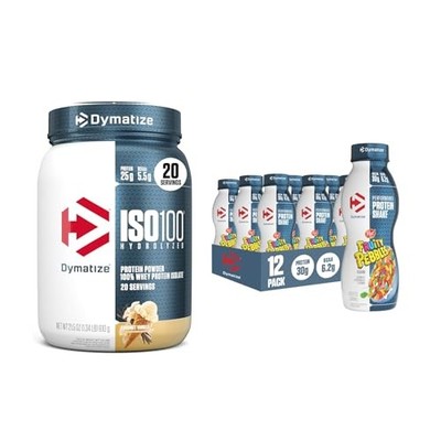 Dymatize & ISO100 Protein Shakes Fruity Pebbles 12 Pack & Vanilla 20 Servings