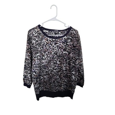 Jennifer Lopez Animal Print Blouse Women Medium Purple 3/4 Sleeve Ribbed Trim