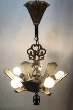 Antique Chandelier Slip Shade Vtg Art Deco Light Fixture 5 Socket Parts USA #L36