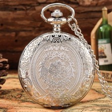 Classical Carved Flower Cover Unisex Analogue Quartz Pocket Watch Necklace Chain