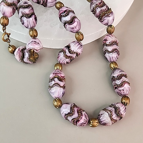 Vintage Art Deco Slag Glass Beaded Necklace Czech Purple Pinched Gold Tone 18"
