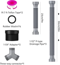 Flexible Expandable P-Trap Kit for Double Kitchen Sink Drain Fits 1 1/2" or Ring