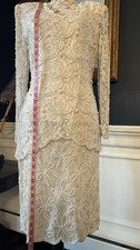 Vintage Laurence Kazar Cream Beaded Pearl Dress 1980s Knee Length Ladies Medium