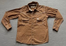 Cowboy Hardware Pearl Snap Shirt Boys Small Brown Geometric Rodeo Church Ranch