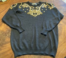 DANA SCOTT Vintage Gold Sequin Embellished Black Sweater MEDIUM