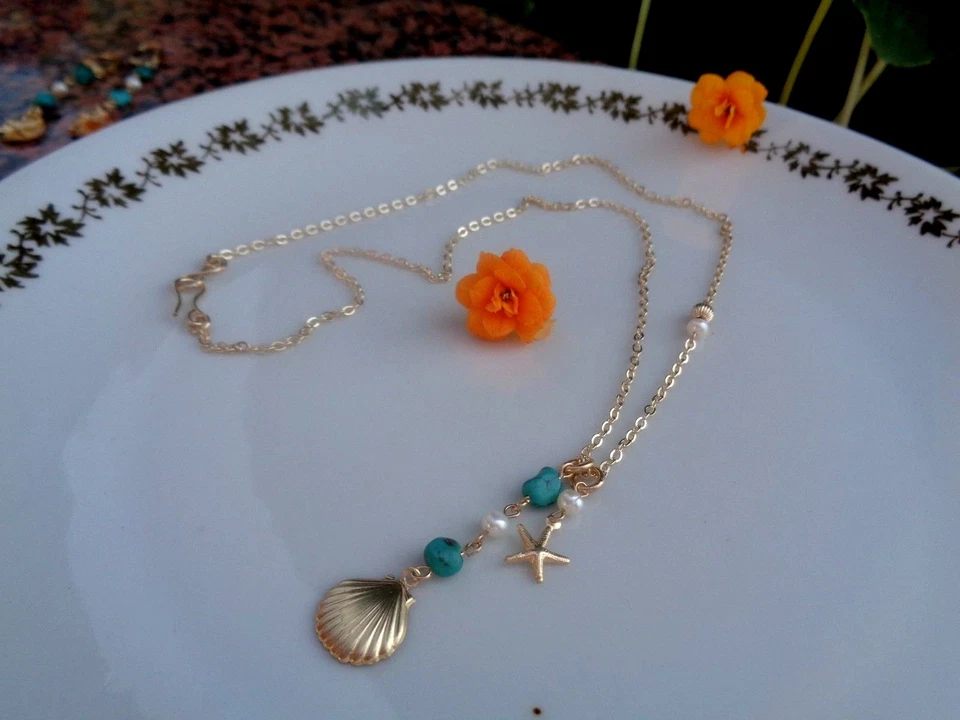 Gold Kette Muschel Anhänger 14K Gold Filled Perle Türkis - Bild 4 von 4