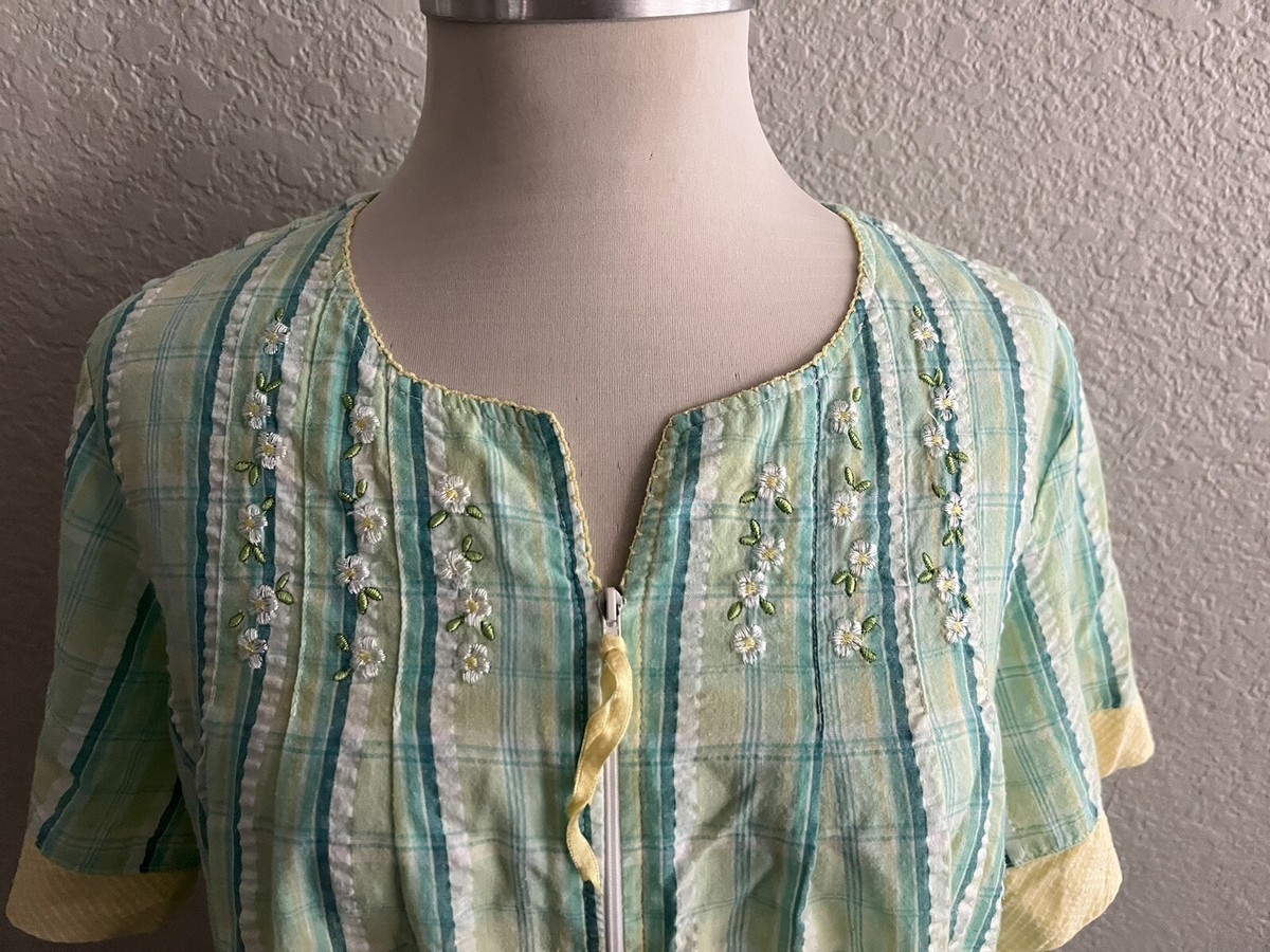 ⭐️an⭐️ Vintage Aria Nightgown Green Yellow Plaid Cotton Short Sleeve Midi
