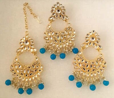 New Blue Bridal Maang Tikka Earring Set Pearl Kundan CZ Gold