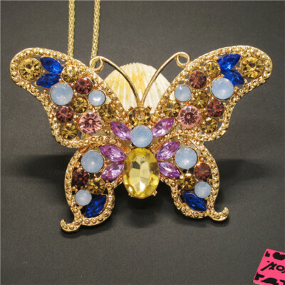 Pretty Colourful Bling Crystal Butterfly Sweater Holiday gifts Chain Necklace