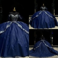 Navy Blue Princess Quinceanera Dresses Shiny Beaded Bow Prom Ball Gowns Sweet 16