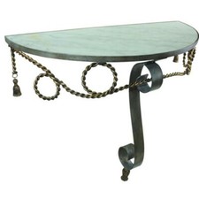 Demilune Console Table and Round Side Table Set, Marble Top with Wrought Iron Leaf Scroll Base — listing 2