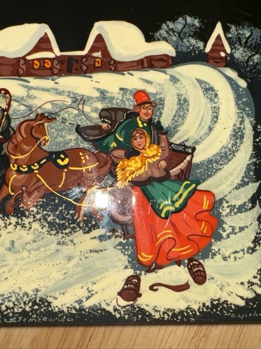Vtg signed Russian Lacquar Box Wedding Troika scene Abduction of Wife 3.5x 4.75” - Picture 15 of 18