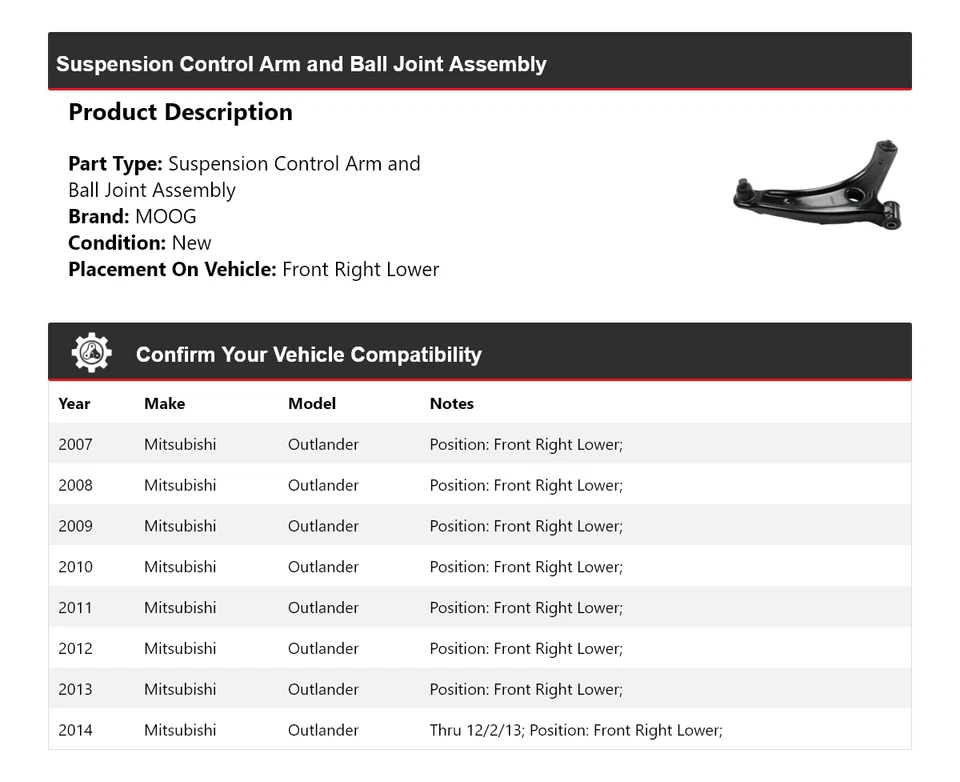 Рычаг управления передний правый нижний для Mitsubishi Outlander 2007-2014 годов выпуска MOOG 2007 2008 - Изображение 2 из 4