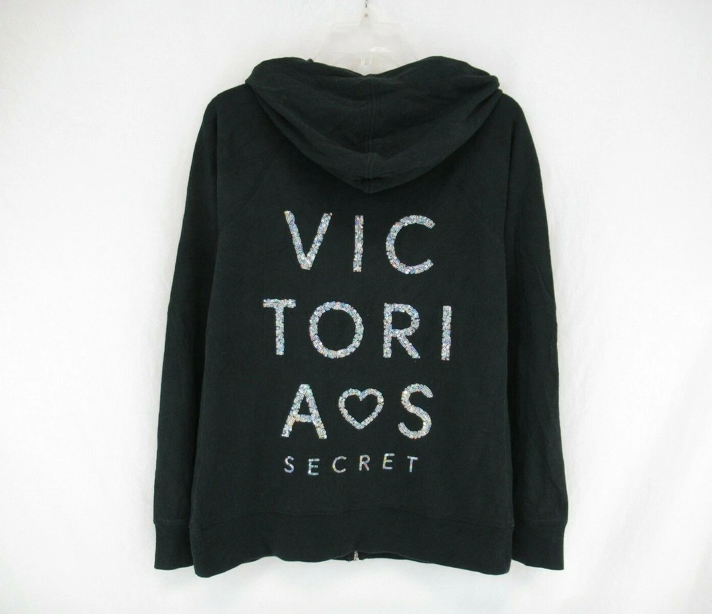 UNDERCOVER Felpa con cappuccio e zip intera Victoria Secret donna nera con paillettes taglia S P #A190