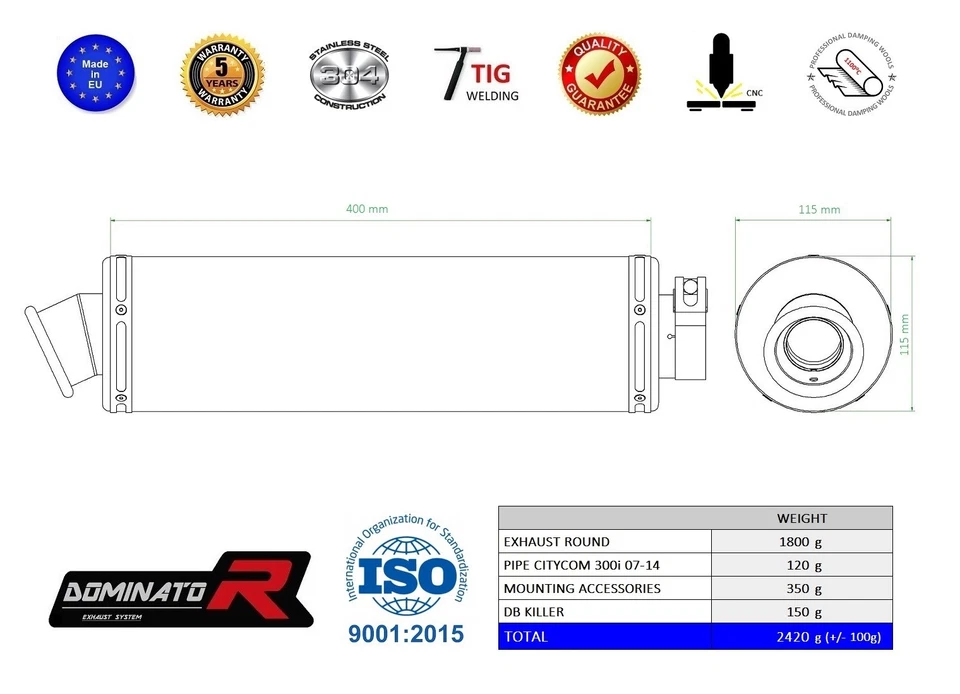Silenciador de escape DOMINATOR ROUND SYM CITYCOM 300i 07-14 + DB KILLER Foto 2 de 2