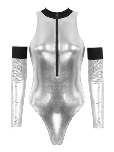 Women Shiny Metallic Bodysuit Astronaut Halloween Cosplay Costume Zipper Leotard - Picture 10 of 33