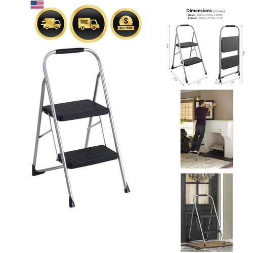Step Stool Steel 2-Step Gray Foldable Household Ladder Lightweight Stable