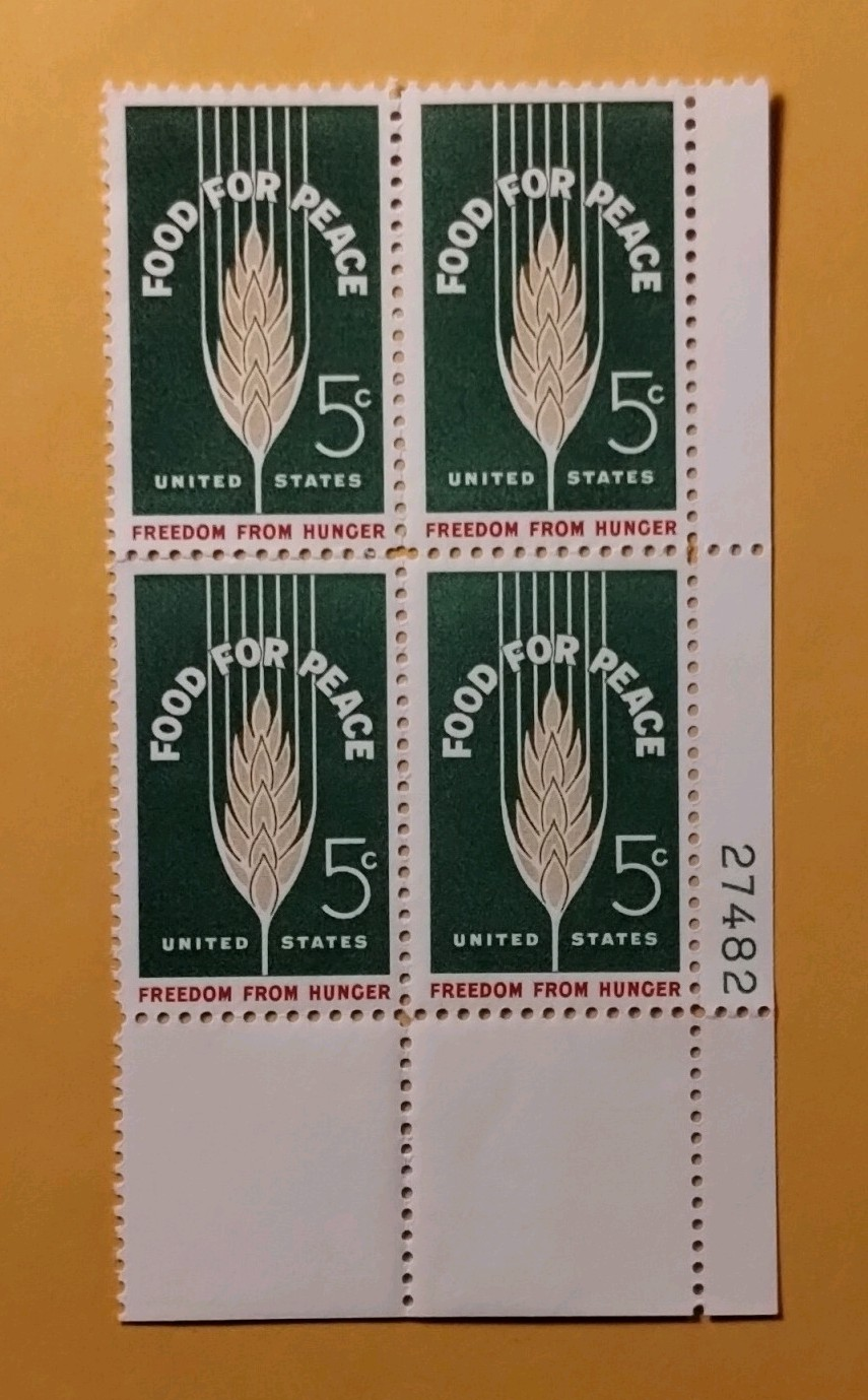 United States Food for Peace 5¢ Green/White Plate Number Block of 4 MNH