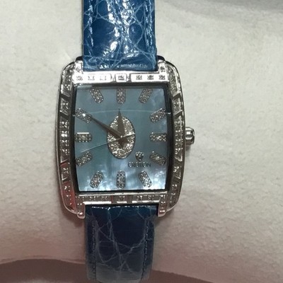 Croton Damenuhr Diamont Case Diamantgehäuse blau Lederarmband 