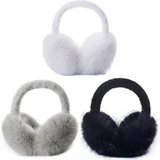 3 PCS Womens Winter Ear Muffs, Foldable Faux Fur, Fluffy Ear Warmers, Soft