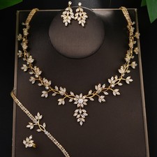 Golden Swarovsk and zirconia i  Crystal Bride Wedding necklace and earrings set